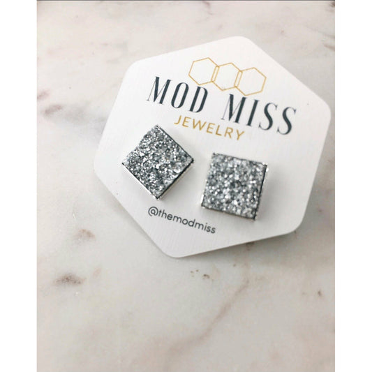 12mm Square Druzy Stud Earrings - Silver