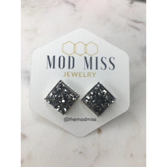 12mm Square Druzy Stud Earrings - Gunmetal