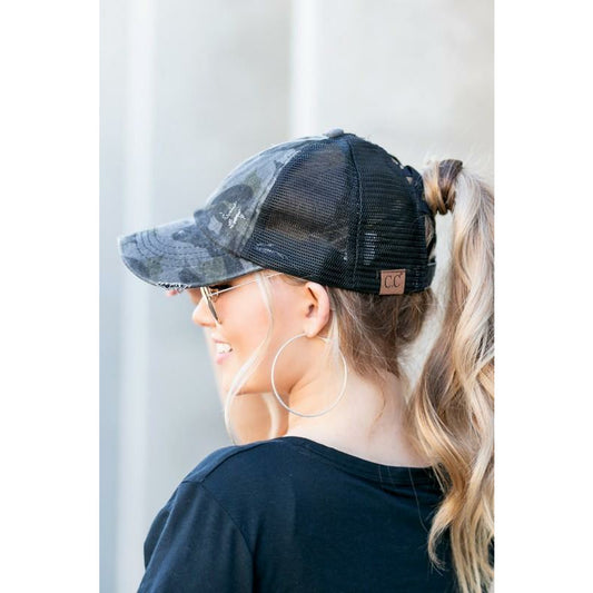 Distressed Black Camo Hat