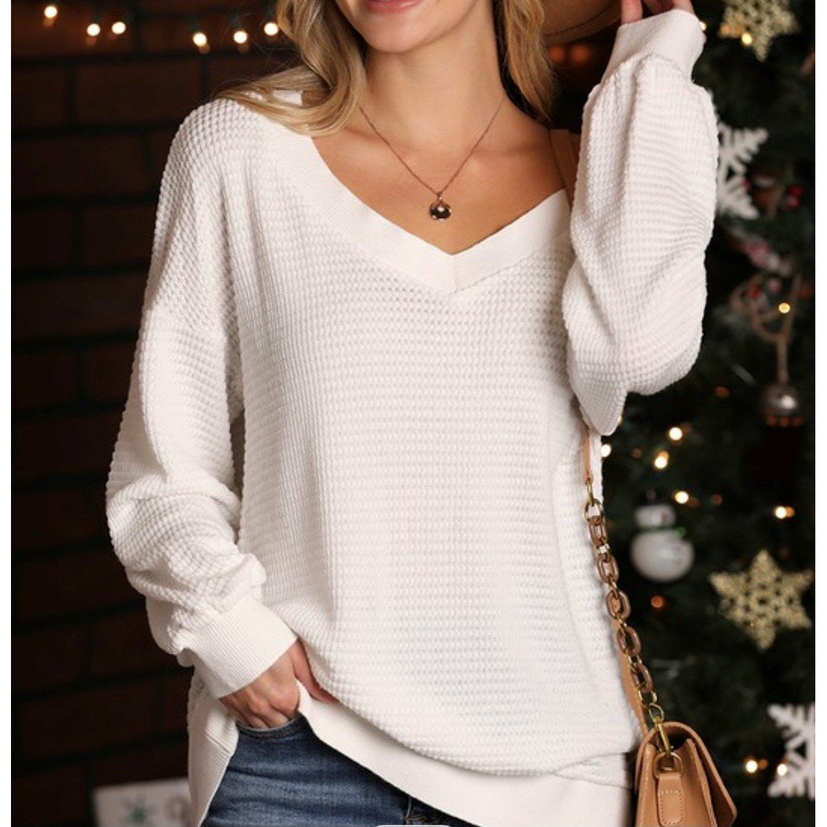 V Neck Waffle Knit Top (2 Colors)