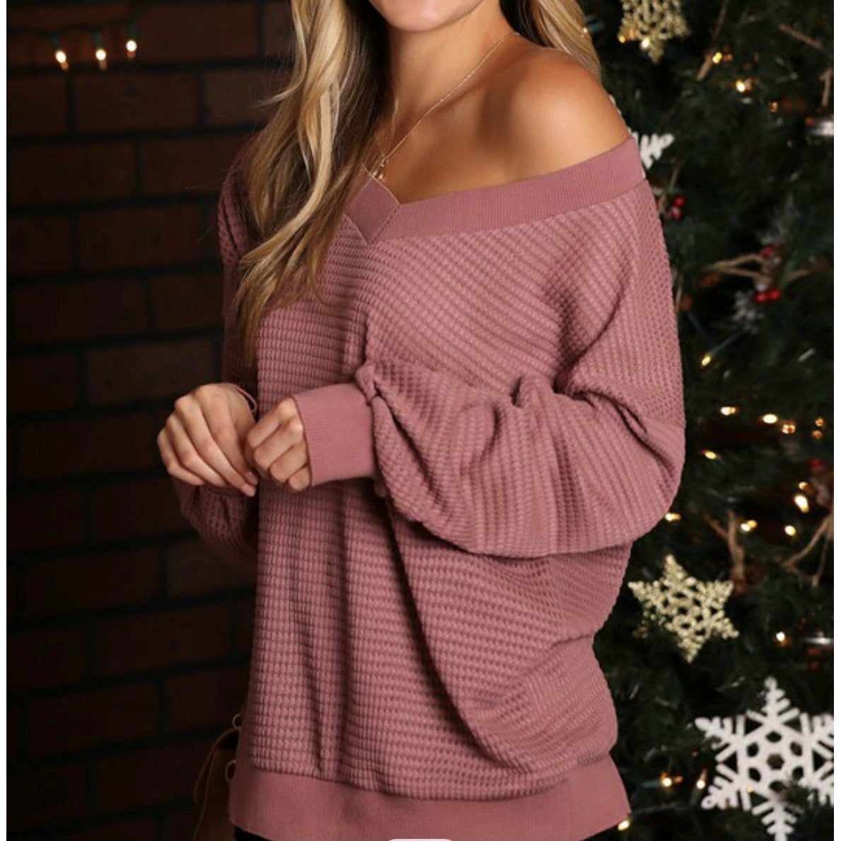 V Neck Waffle Knit Top (2 Colors)