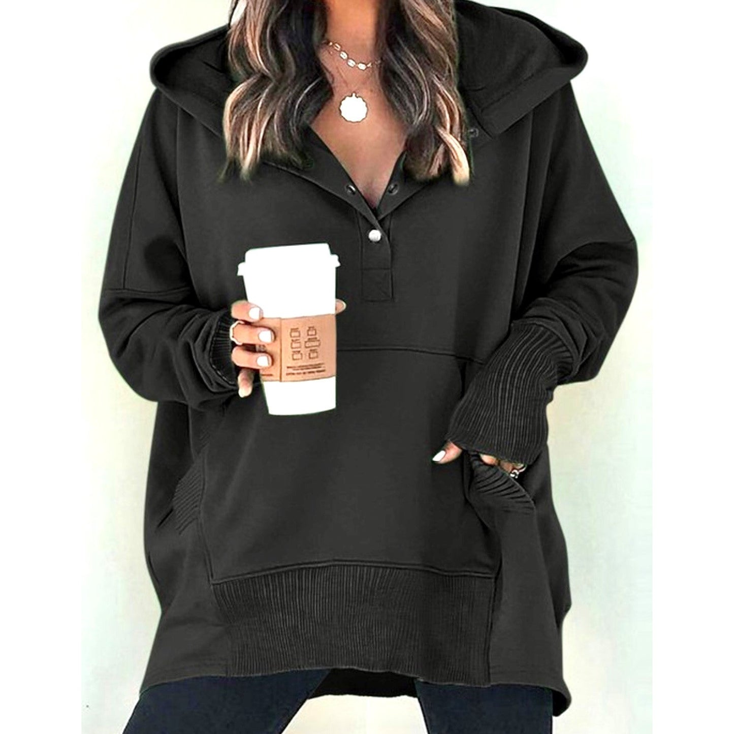 Black/White Henley Hoodie *Oversized (2 Colors)