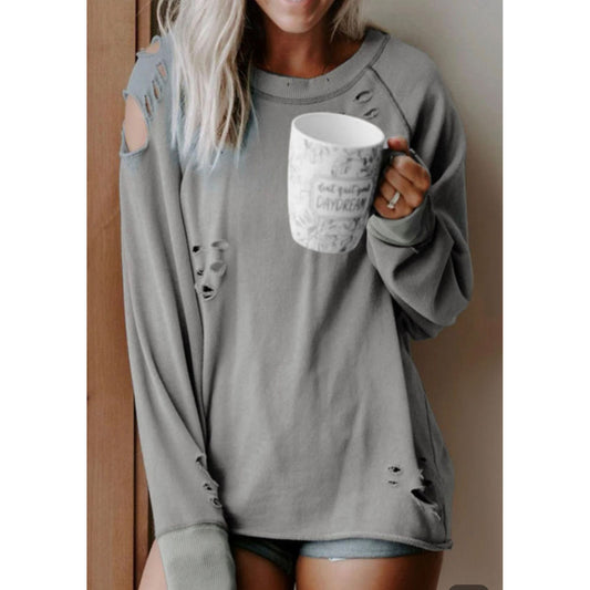 Gray Distressed Long Sleeve