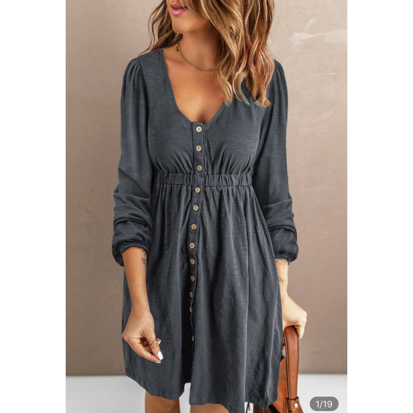 Gray Button Up Long Sleeve Dress