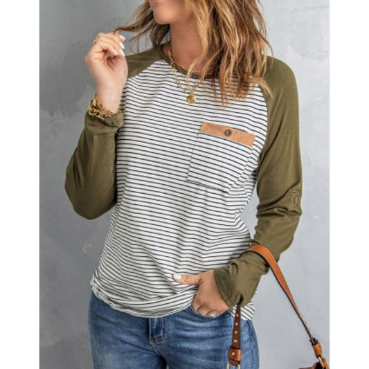 Raglan Sleeve Striped Top with Pocket